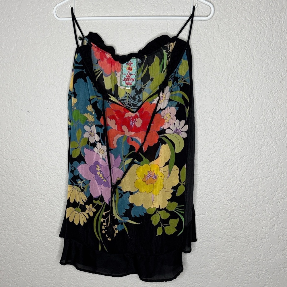 Johnny Was Fusion Cold Shoulder Black Floral Tunic Top Ruffle V Neck Spring SM - Picture 3 of 9
